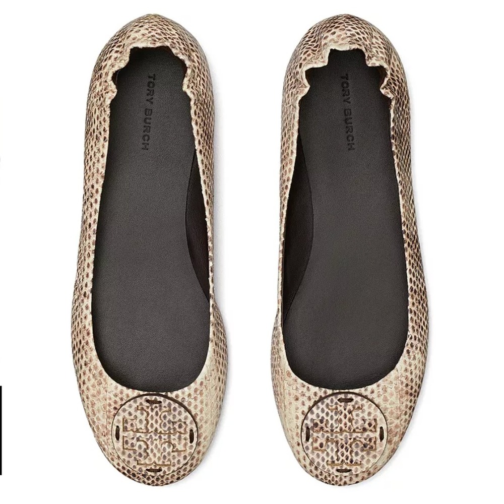 Tory Burch Size 7.5 Minnie Travel Ballet Flats Snake Embossed Leather